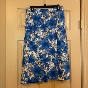 Kim‎ Rogers Blue Floral Linen/Rayon Women's Skirt with Front Slit, Size 12P